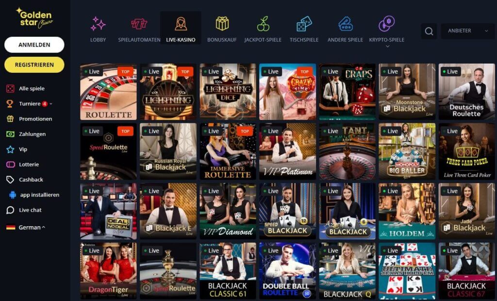 Das Golden Star Live Casino hat 370 Live Dealer Spiele zu bieten