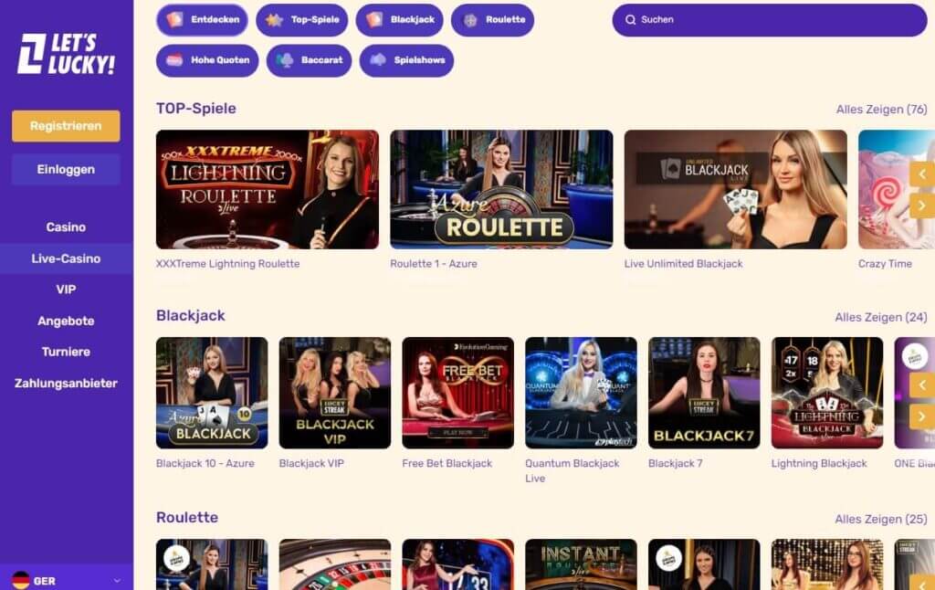 Im LetsLucky Live Casino finden Sie mehr als 200 Tischspiele und Spiel-Shows
