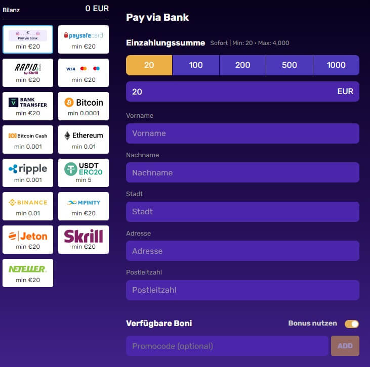 LetsLucky bietet neben regulären Zahlungsmethoden auch Kryptowährungen an