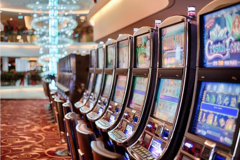 In einem landbasierten Casino sind mehrere Spielautomaten an der Wand aufgereiht