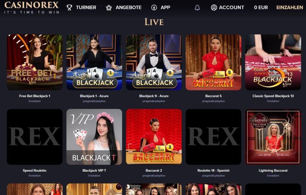 Das CasinoRex Live Casino bietet verschiedene Tischspiele und Spiel-Shows