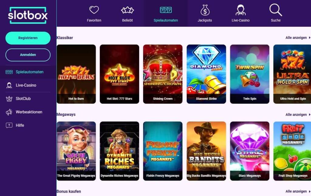 Mehr als 1800 Slots mit unterschiedlichen Themen warten im Slotbox Casino auf Sie