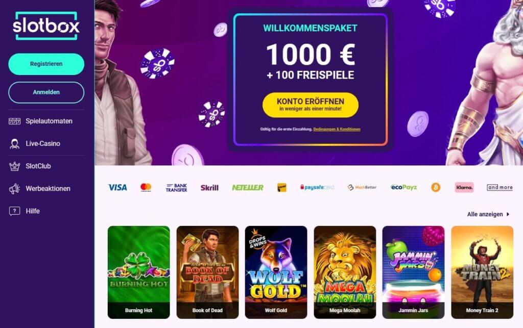 Der Slotbox Willkommensbonus hat bis zu 1000€ und 100 Freispiele zu bieten