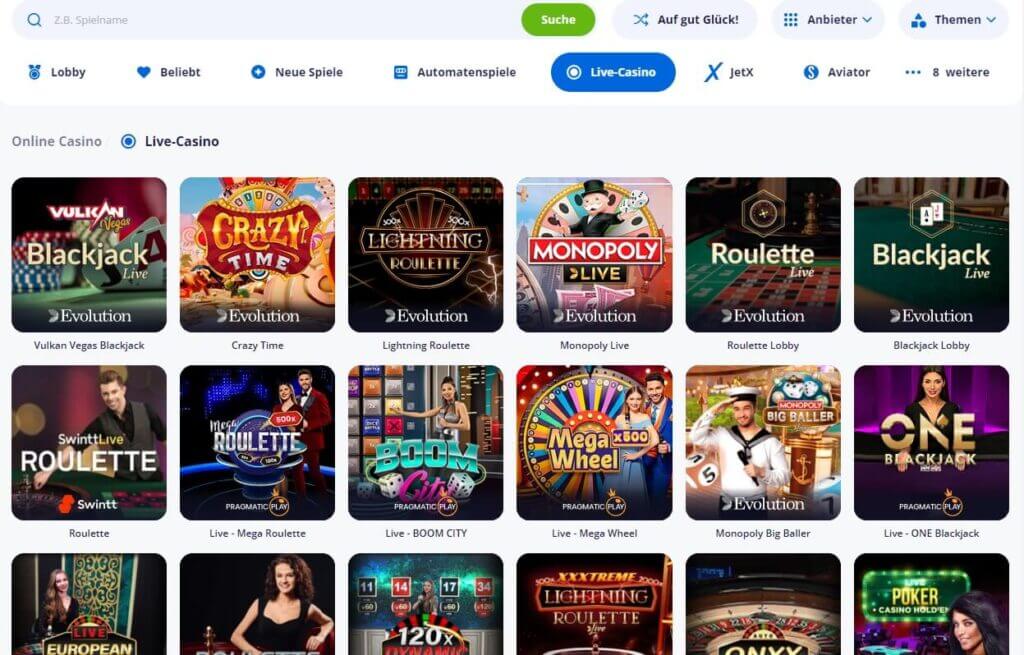 Das Vulkan Vegas Live Casino hat eine schöne Auswahl an Tischspielen und Spiel-Shows zu bieten