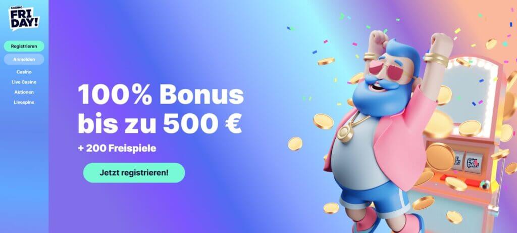 Der Casino Friday Casino Bonus heißt Sie mit bis zu 500€ und 200 Freispielen willkommen
